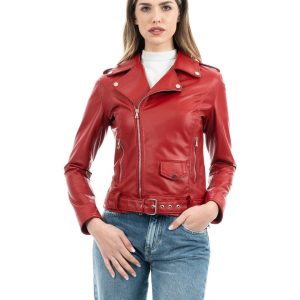 <b> JULIA </b>  Giacca Chiodo con cintura da donna in vera pelle rosso