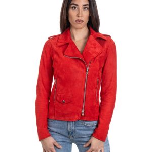<b> GEORGIA </b>  Giacca Chiodo da donna in vera pelle scamosciata rosso