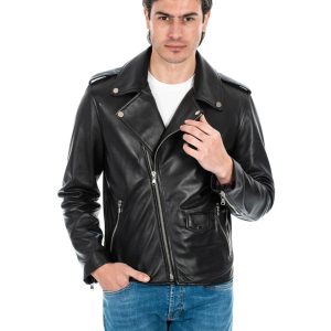<b> BRIAN </b>  Giacca Chiodo da uomo in vera pelle nero