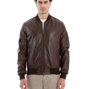 <b> STEVE </b>  Bomber College da uomo in vera pelle marrone effetto tamponato