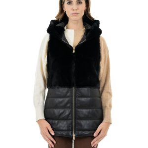 <b> EVA </b>  Smanicato da donna in vera pelle nero con pelliccetta