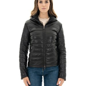 <b> ELODIE </b>  Piumino con cappuccio da donna in vera pelle nero