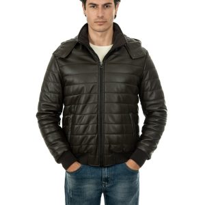 <b> ADAM </b>  Piumino con cappuccio da uomo in vera pelle marrone