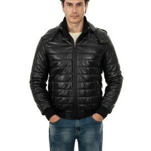 <b> ADAM </b>  Piumino con cappuccio da uomo in vera pelle nero