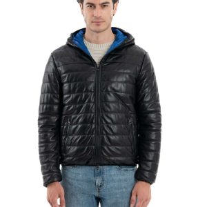 <b> ALEX </b>  Piumino con cappuccio da uomo in vera pelle nero